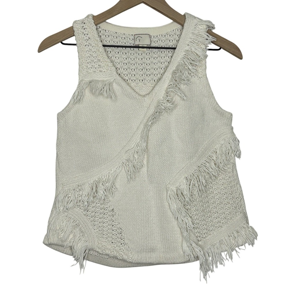Anthropologie Sweater Vest Small Fringe‎ Boho Minimalist Twee Cottagecore Beige